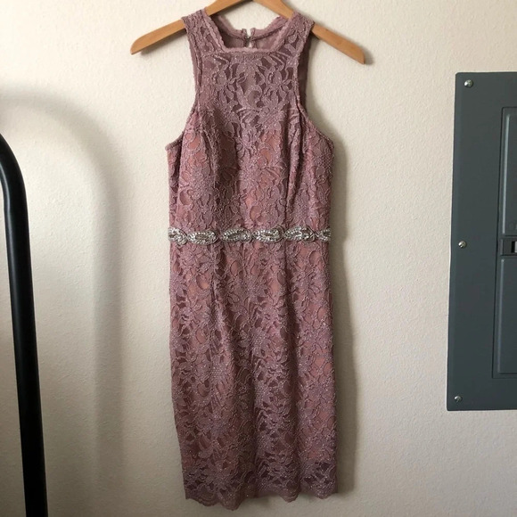 City Triangles Mauve Glitter Lace Beaded Evening Cocktail Party Dress Size 7 - Picture 1 of 5